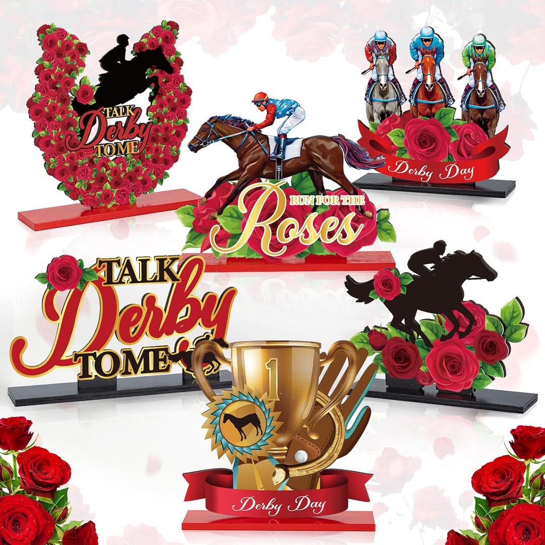 6 Pcs Derby Horse Racing Table Decorations Signs Run for the Roses Wooden Tabletop Centerpiece Kentucky Derby Party Tiered Tray Table Toppers for Home Office Desk Derby Shelf Holiday Party Supplies