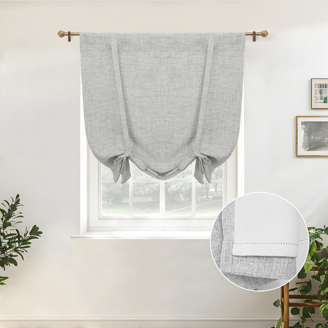 DriftAway Double Layer Linen Blackout Tie Up Curtains Thermal Insulated Fully Lined Balloon Roman Shade Bathroom Window Adjustable Rod Pocket for Small Window 31 Inch by 47 Inch Gray (Grey)