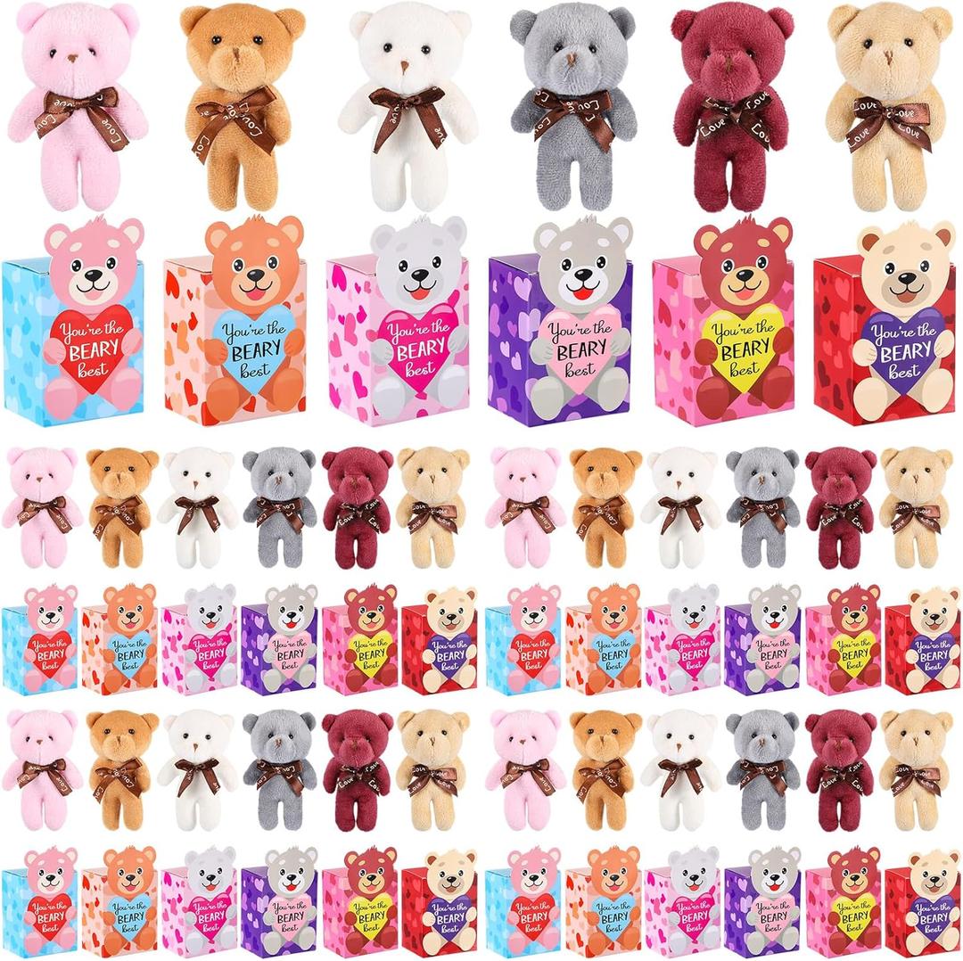Halloscume 48 Packs Valentine's Day Mini Bear Toy Bulk Stuffed Animal with Heart Boxes Party Favors Supplies for Kids Classroom Valentine's Gifts Exchange School Rewards Prizes, 6 Styles