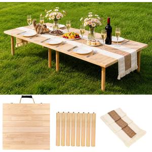 60" x 30" Boho Low Picnic Table, Portable Wooden Folding Picnic Table with Table Runner for Camping, Beach, Garden, Picnic, Party, Indoor & Outdoor Use, Seats 6-8 People, 8-Leg Design
