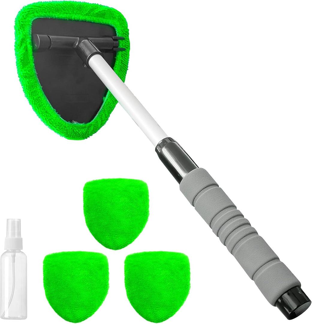 19" Extra-Long Windshield Cleaner Tool, Auto Glass Wiper Brush Kit | Car Interior Detailing Cleaning Kit with Extendable Handle and 4 Reusable Microfiber Pads, Car Window Cleaner, for Cars