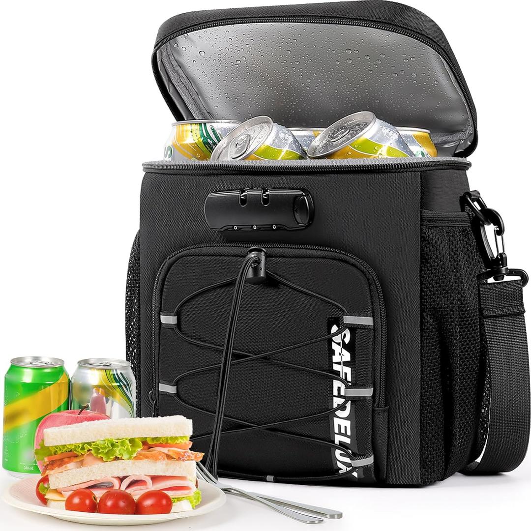 Lunch Bag with Combination Lock, Lunch Box for Men Women, Adjustable Shoulder Strap & Leakproof Soft Cooler for Commute, Travel & Gym (Black)