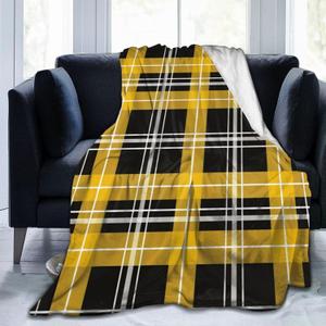 Yellow Black Plaid Throw Blanket Fluffy Fleece Blankets Soft Lightweight Travel Blanket Indoor Outdoor Blanket for Couch Sofa Bed 80"x60"