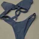 Verdusa Women's Twist Front High Cut Thong Two Piece Bikini Set Swimsuit (Medium, Slate Blue)
