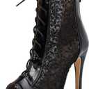 Womens Lace Up Dance Heels Open Toe Mesh Sparkling Sequin Booties Peep Toe Stiletto High Heel Dance Shoes, Size 39 (Black)