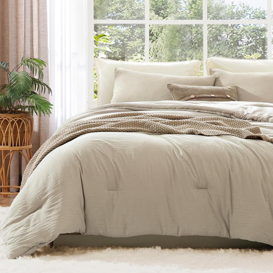 WRENSONGE Oversized Queen Comforter Set - 3 Pieces Prewashed Light Oatmeal Comforter Soft Lightweight for All Seasons,Down Alternative Comforters Oversized Queen Size with 2 Pillow Shams