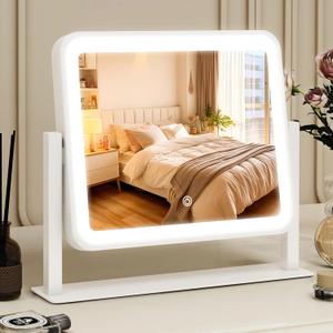 Vanity Mirror with Lights, 14"12" LED Makeup Mirror, Lighted Makeup Mirror with Lights, Smart Touch Control 3 Colors Dimmable, Lighted Up Mirror for Makeup Desk, Bedroom, 360 Rotation (White)