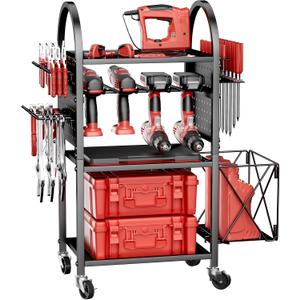 Power Tool Organizer with Wheels 4 Tier Tool Cart Loads 500 LBS with 8 Cordless Drill Holder & Screwdriver Rack Metal Utility Rack for Home, Garage, Workshop, Gifts for Men, Regular with Basket