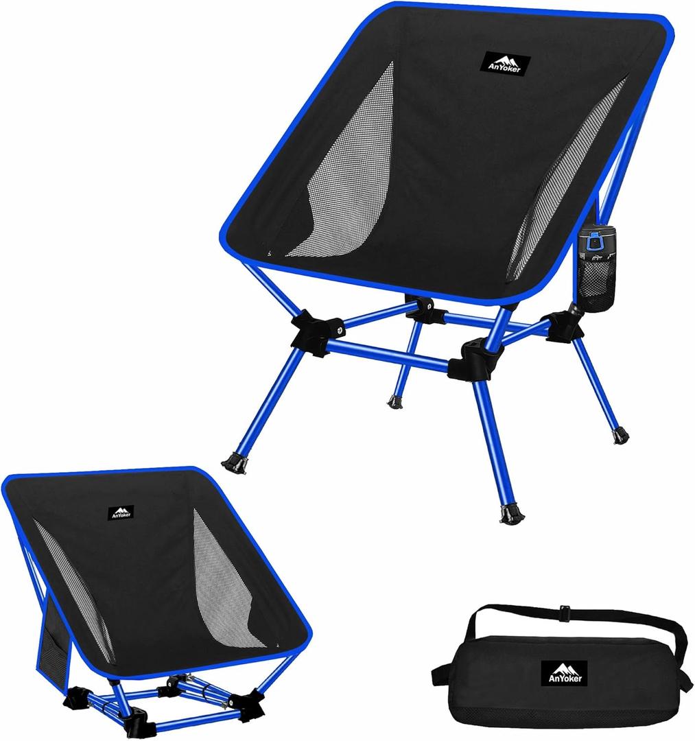 Compact Camping Chair, Blue, Portable Foldable, Beach, Hiking, Outdoor, Metal Frame, Mesh Back, 330 lbs Capacity Blue
