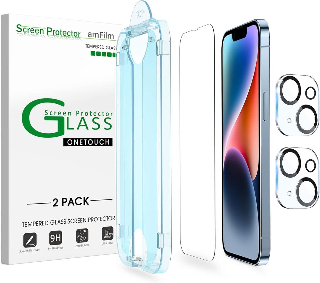 amFilm Tempered Glass Screen Protector + Camera Lens Protector for iPhone 14 6.1, Easy OneTouch Installation, Auto-alignment, Bubble Free Case Friendly, Anti-Scratch (Pack of 2)