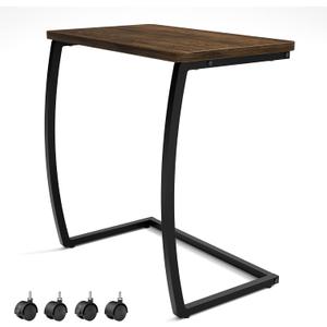 SRIWATANA Side Table, C-Shaped End Table with Rolling Wheels,Rustic Sofa Couch Table for Laptop Coffee Snack, Dark Walnut, 22L x 13.7W x 26.2H