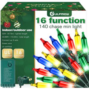 Gulfmew Chasing Christmas Lights, 16 Function Controller,140 Clear Mini Bulbs, Indoor Twinkling Christmas Lights, 34 ft Long Holiday Decor, UL Certified, IP44 Waterproof,Green Wire(Multicolor)