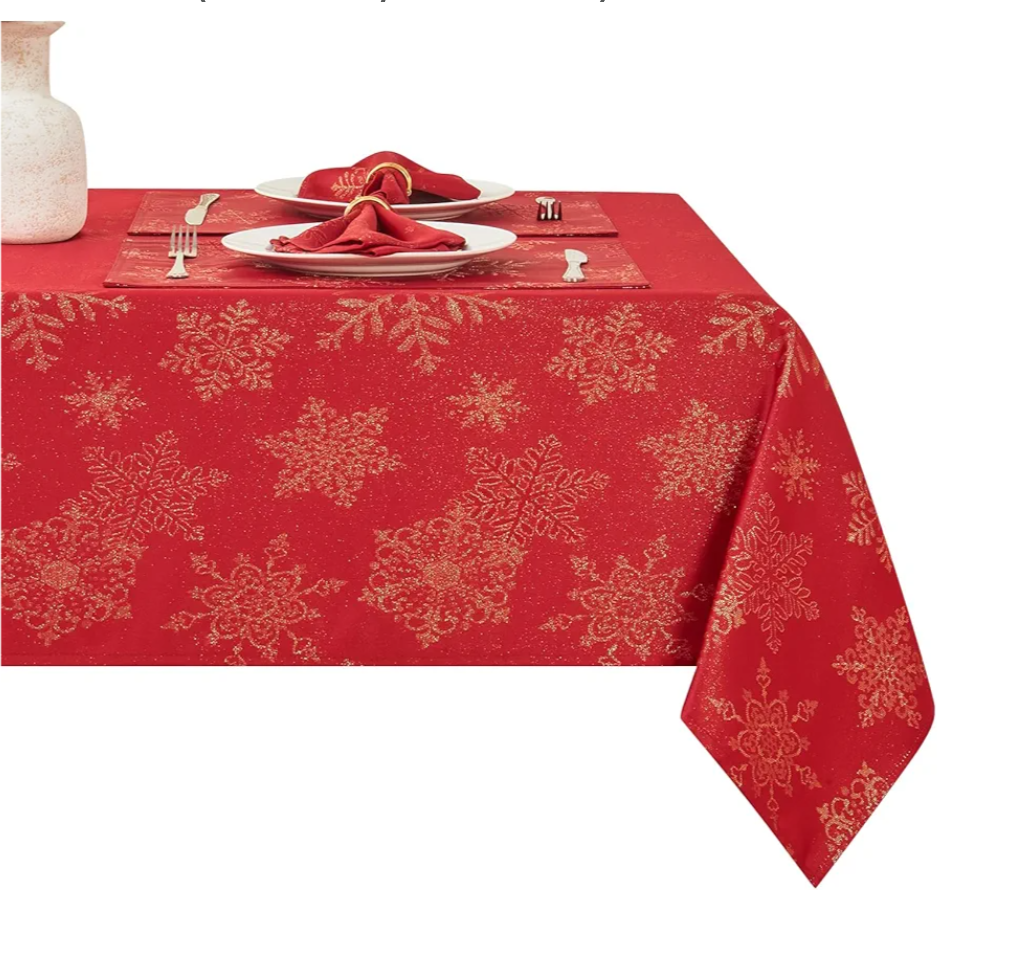 Rectangle Fancy Metallic Sparkling Snowflake Christmas Fabric Table Cloth red Hunter Gold Navy White Silver No-Iron Soil Resistant Woven Holiday Table Cover(Red Gold/52x70Inch)