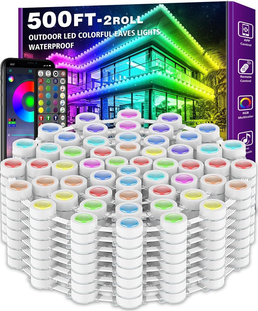 500FT Permanent Outdoor RGB Lights - IP67 Waterproof with Smart App Control Remote, DIY Scene Modes, Music Synchronization, Eaves Lights For Garden Decor, Deck, Christmas, Party, Party, Halloween,Roof (500FT Permanent Outdoor String Lights)