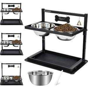 SHAINFUN Elevated/Raised Dog Bowls Stand Adjusable Height with Two 1.7L Stainless Steel Food Bowls and Spill Proof Mat, for Large and Medium Dogs.