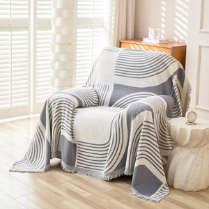 WEYOND Boho Chenille Couch Cover with Tassels, Bohemian Sofa Cover for 1 Cushion Couch, Armchair, Chair, 1 Seater (71" x 91", Grey)