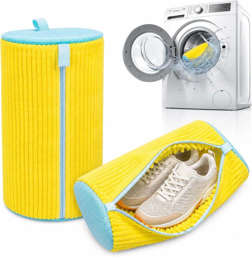 Shoe Washing Machine Bag 2 Pack – 360° Self-Locking Zipper Shoe Washing Bag for Washer and Dryer – Reusable Heavy-Duty Microfiber Cleaning Set for Sneakers, Boots & Athletic Footwear (Yellow)