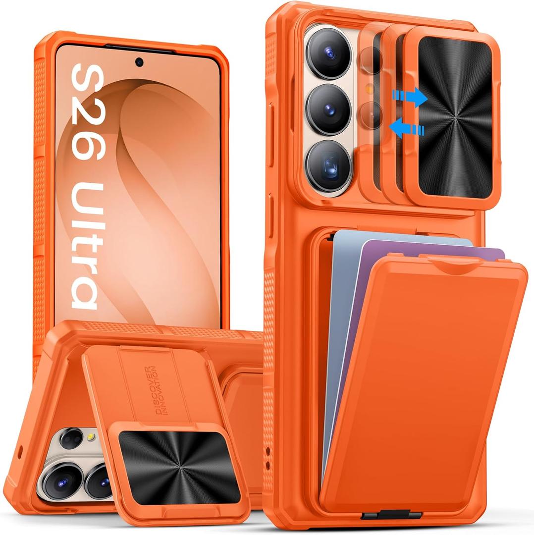SSLOTSCASE for Samsung Galaxy S26 Ultra Case with Hidden Card Holder & Camera Stand & Adjustable Kickstand & Slide Camera Cover & Wallet, Military-Grade Heavy Duty Phone Cover for S26 Ultra, Orange