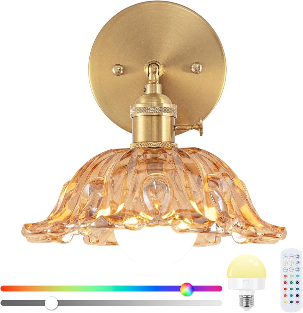 Vintage Wall Sconce, Battery Operated Wall Sconce with Amber Glass Lampshade, Indoor not Hardwired Wall Sconces with Remote, Rechargeable RGB Vintage Wall Lamp, for Bedroom Living Room, etc.