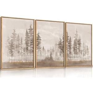 DRACIT Beige Foggy Pine Tree Framed Canvas Wall Art Set,Modern Misty Forest Wall Decor,Nature Landscape Brown Art Print for Living Room,Bedroom-16 x24 x3