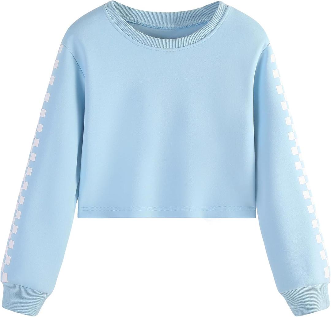 EXARUS Girls Crop Sweatshirts Tie Dye Pullover Checkered Print Crewneck Long Sleeve Casual School for Kids 6-12Y (Blue)