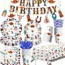 Cowboy Birthday Party Supplies, Wild West Western Party Decorations For Birthday Baby Shower, Rodeo Cowboy Paper Plates and Napkins Set, Cups, Cutlery, Tablecloth, Banner, Swirls, Serves 24