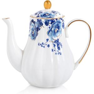 Agyiuns Tea Pot, Porcelain Teapot 37oz,tea pots for tea party,Tea Infuser Pots for Blooming loose Leaf Tea (White with blue flower)