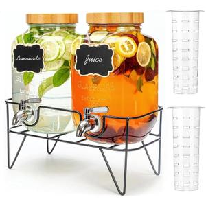 2 Pack 1 Gallon Glass Drink Dispenser with Bamboo Lid, Beverage Dispenser with Stand, Drink Machine for Lemonade, Iced Drinks Kombucha Dispenser for Parties, Weddings