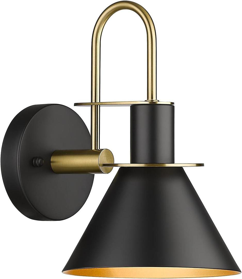 Black Wall Sconce, HWH Industrial Indoor Wall Light Fixture, Single Wall Vanity Light Brass Barn Wall Sconce Lamp for Bedroom Kitchen, Black and Gold Finish, 5HZG56B-L BK+BG