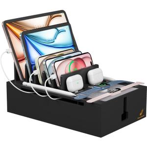 Pezin & Hulin Bamboo Charging Station, Electronic Devices Organizer for Multiple Devices Charger Such As Cell Phone, Tablet, Watch and More, Blackl, (No USB Charger and Cables