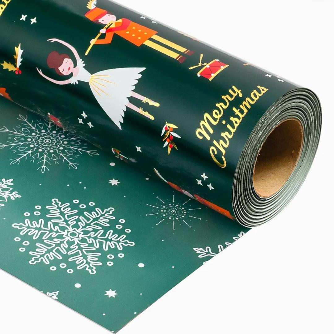 Yarcony Reversible Christmas Wrapping Paper Roll, Green Wrapping Paper, Vintage Metallic Foil Shiny Deep Green Ballet Christmas Gift Wrap Neutral for Holiday, New Year, Party (17 Inch X 33 Feet) (Green Nutcracker & Dancing Girl)