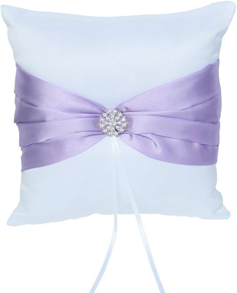 Ring Bearer Pillow Cushion 7.8 x7.8 inch with Satin Ribbon and Rhinestones for Rustic Bridal Wedding Shower Ceremony-Lavender