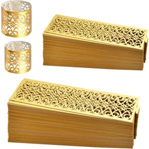 200 Pcs Gold Napkin Rings,7 in / 5 in Laser Cut Hollow Napkin Bands with Self Adhesive,Disposable Papaer Napkin Holders for Table Decor,Wedding Party,Christmas,Thanksgiving
