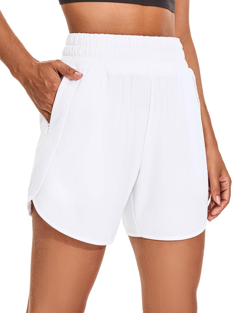 KPSUN Women's 5" Running Shorts Lightweight Quick Dry Workout Gym Shorts with Zipper Pockets (White, L)