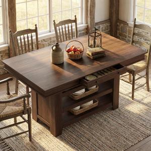 Garvee Counter Height Dining Table with 2 Drawers, 36" Farmhouse Wooden Large Bar Kitchen Table with Wine Rack & 3 Shelves, Rectangular, Thick Frame for Kitchen, Bar & Entertaining, Retro Brown