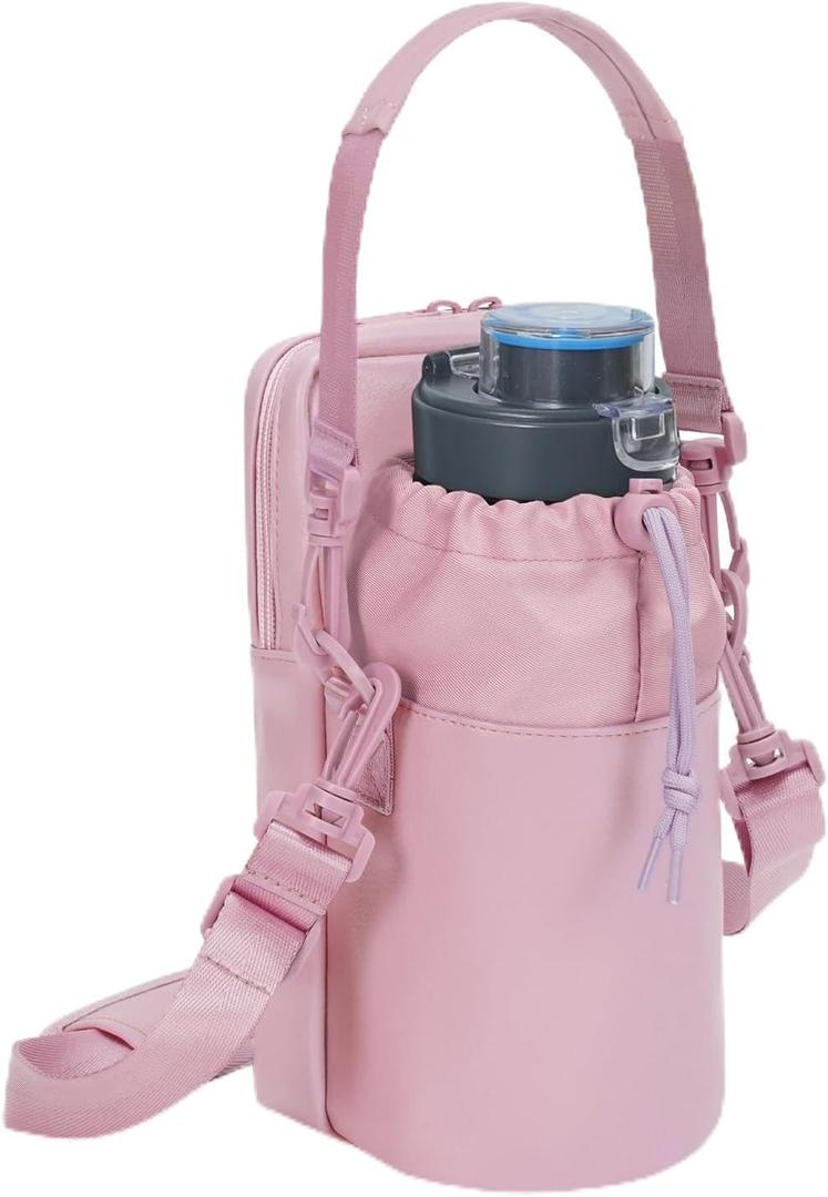 Wandering Nature Water Bottle Holder with Strap 32oz Insulated Water Bottle Carrier Sling Bag with Phone Pocket Water Bottle Pouch for Hiking Walking(Patent Pending) (Pink)
