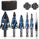 6 Pcs HSS Spiral Step Drill Bit Set with Automotive Center Punch,Four-Flute Unibit (1/8"-1-3/8") with 1/4" & 3/8" Shank for Hole Drilling in Stainless Steel, Copper, Aluminum, Wood, Plastic