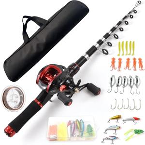 Lixada Fishing Rod and Reel Combo with Fishing Lures for Adult, 6.89ft/2.1m Telescopic Fishing Rod with Baitcasting Reel 18+1BB Right/Left Hand Portable Fishing Kits Complete for Fishing Trip