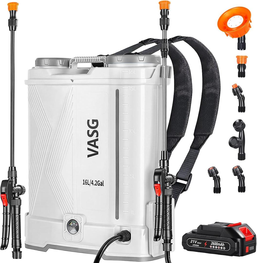 Battery Powered Backpack Sprayer 4 Gallon, 21V 2.6Ah Electric Weed Pump Sprayer with 6 Nozzles, Telescopic Wand (Stainless Steel + Plastic) for Garden Weed Lawn Yard Clean, Charger Included