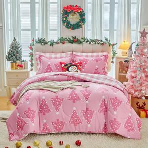 Joyreap 6 Piece Christmas Bed in a Bag Twin, Pink Xmas Tree Design Comforter Sheet Set, All Season Microfiber Holiday Theme Bedding Comforter Set