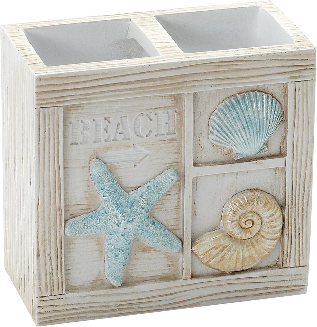 Zenna Home Seaside Serenity Bathroom Toothbrush Holder with Carved Resin Design, Holds Up to 4 Brushes, Electric Toothbrush Holder for Bathroom Decor with Hand-Painted Shells, Teal/Ivory (1 Count (Pack of 1))