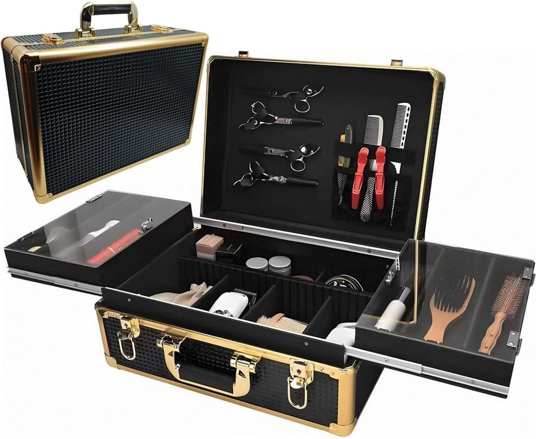 Barber Cases for Clippers and Supplies With Sliding Tray, Profesional Barbers Briefcase Tool Case, Hair Scissors Trimmer Organizer, Salon Barber Carrying Case with Lock(Gold)