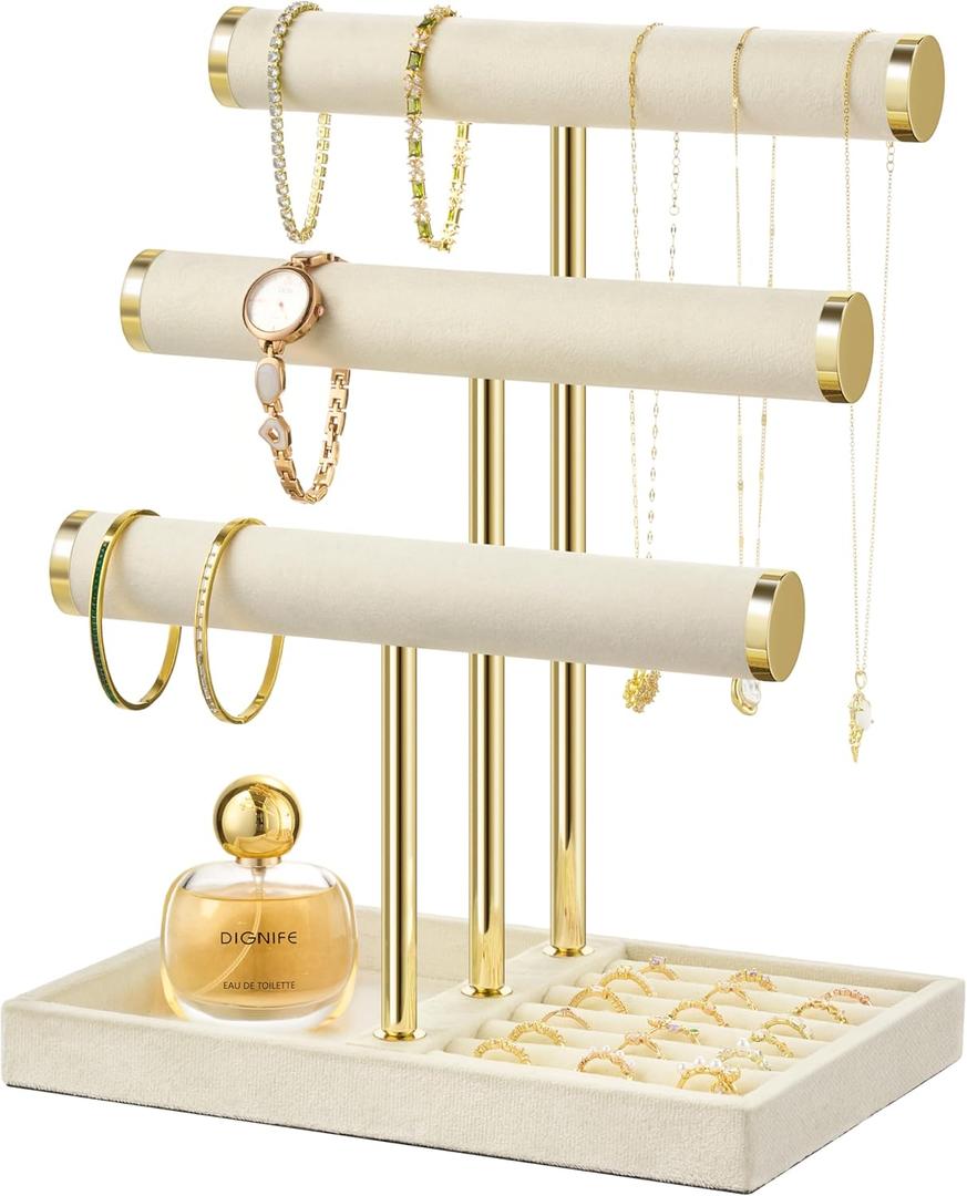 3 Tier Bracelet Holder Display - Detachable T Bar Beige Velvet Bracelet Holder, Jewelry Holder Organizer for Bracelet, Necklace, Earrings, Rings (Large)