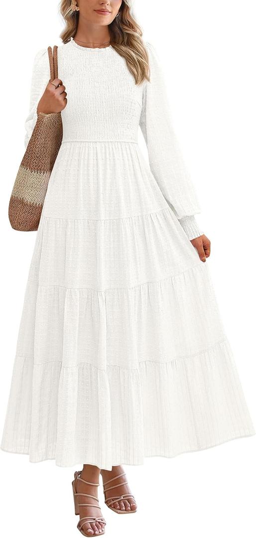 PRETTYGARDEN Women's Long Sleeve Spring Maxi Dresses 2026 Casual Smocked Trim Neck Swiss Dot Flowy Formal Wedding Guest Dress ( M , White)