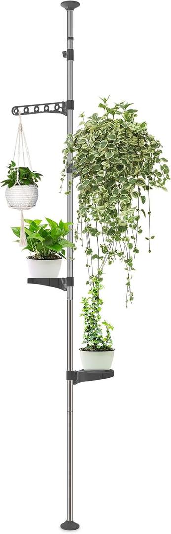 4 Tiered Tension Plant Pole: Adjustable Height 35"-72", Indoor/Outdoor Stand with 3 Trays, Hanging Hook, Ideal for Living Room, Balcony, Patio, Window Sill Decor - Grey