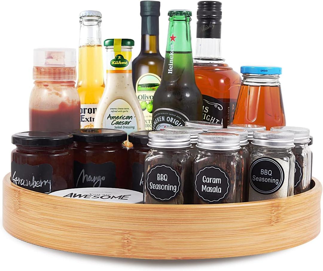 Lazy Susan Organizer 14 inch, Bamboo Lazy Susan for Table, Kitchen Turntable Organizer with Double Handles, Round Wood Rotating Turntable Spice Organizer for Countertop Cabinet or Pantry