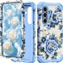 PIXIU Unique Flower Pattern Compatible with Samsung Galaxy S25 FE case,Heavy Duty Dual Layer Shockproof Full-Body Protective Sturdy Hybrid Cute Rugged Case for Women,Girls,Kids-Blue Peony (A17)