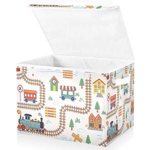 Cartoon Playful Train Fabric Storage Bin with Lid, Collapsible Basket with Handles, Shelf Cube Closet Organizer for Home and Bedroom