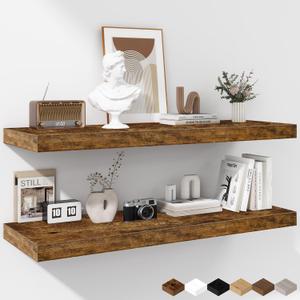 Fun Memories Floating Shelves - 2 Pack 12 Inch Rustic Wooden Wall Shelves - Extra Deeper & Thicker Wall Mounted Storage Shelf for Living Room, Kitchen, Farmhouse - 36" W x 12" D x 1.8" H - Brown