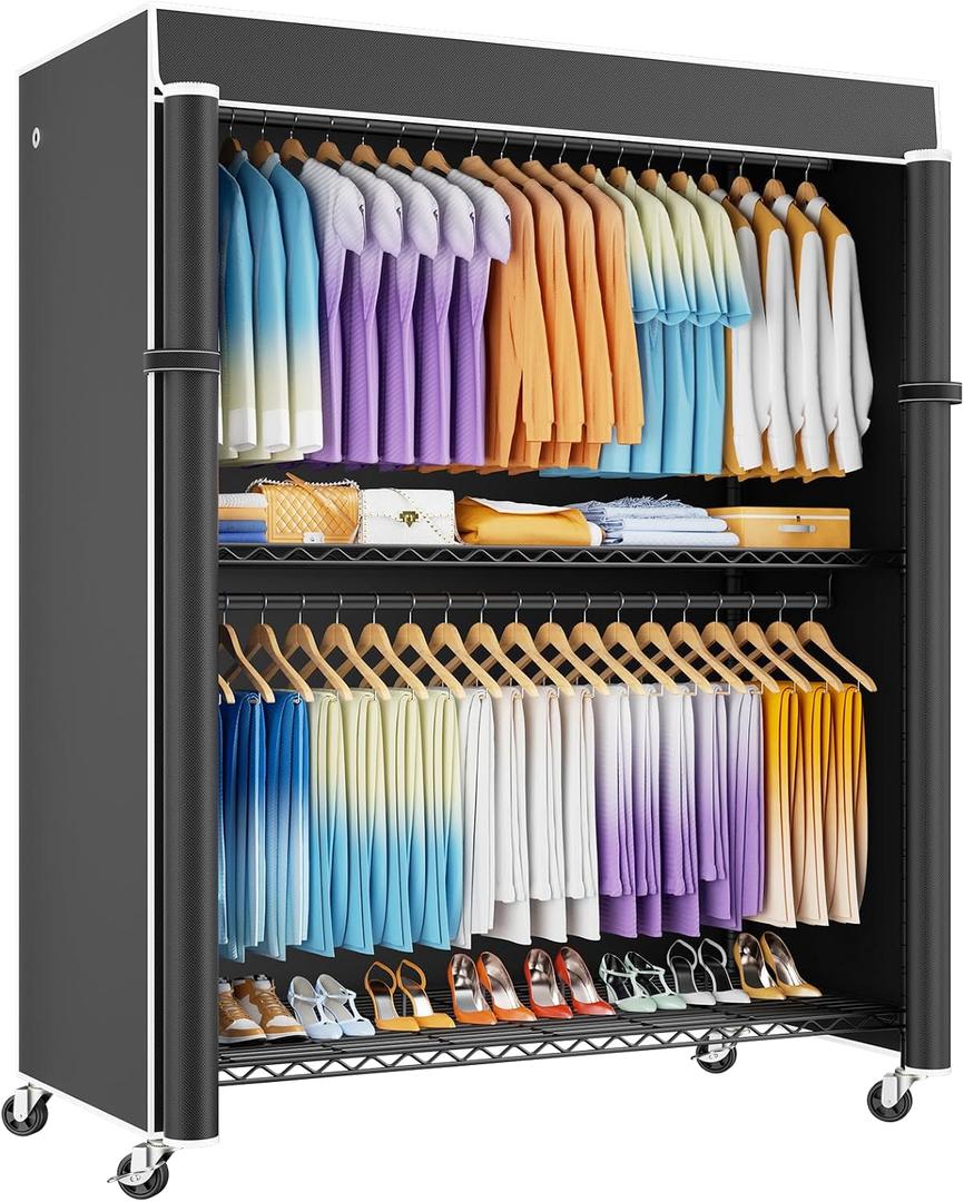 ULIFHOME P8C Max Heavy Duty Clothes RackWith Extended Width Design Rolling Clothing Racks for Hanging Clothes with Lockable Wheels51.2"W x 15.8"D x 80.5"HLoad 700LBSBlack Rack with Black Cover